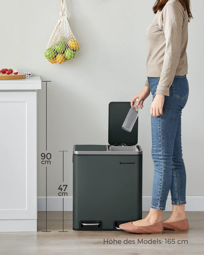 SONGMICS Mülleimer Küche 2x15L Mülltrennsystem grüngrau LTB30GS