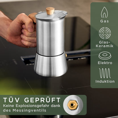 WALDWERK Espressokocher 300 ml, Edelstahl mit Eichenholzgriff