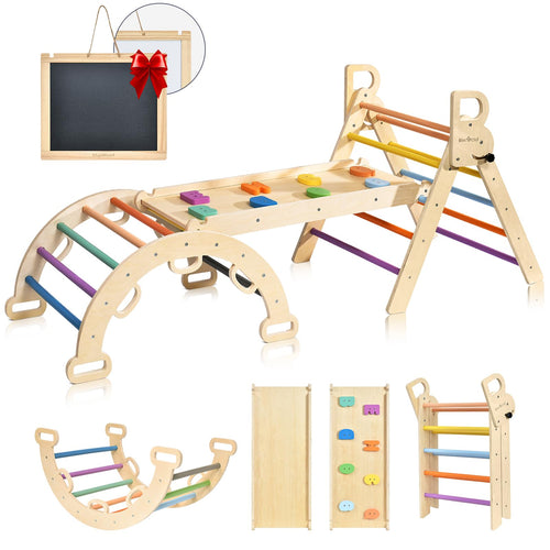 BlueWood 3-in-1 Montessori Indoor Kletterdreieck Set - Regenbogen. Modulares, dreieckiges Set in Regenbogenfarben. Fördert Motorik & Klettern bei Kindern.