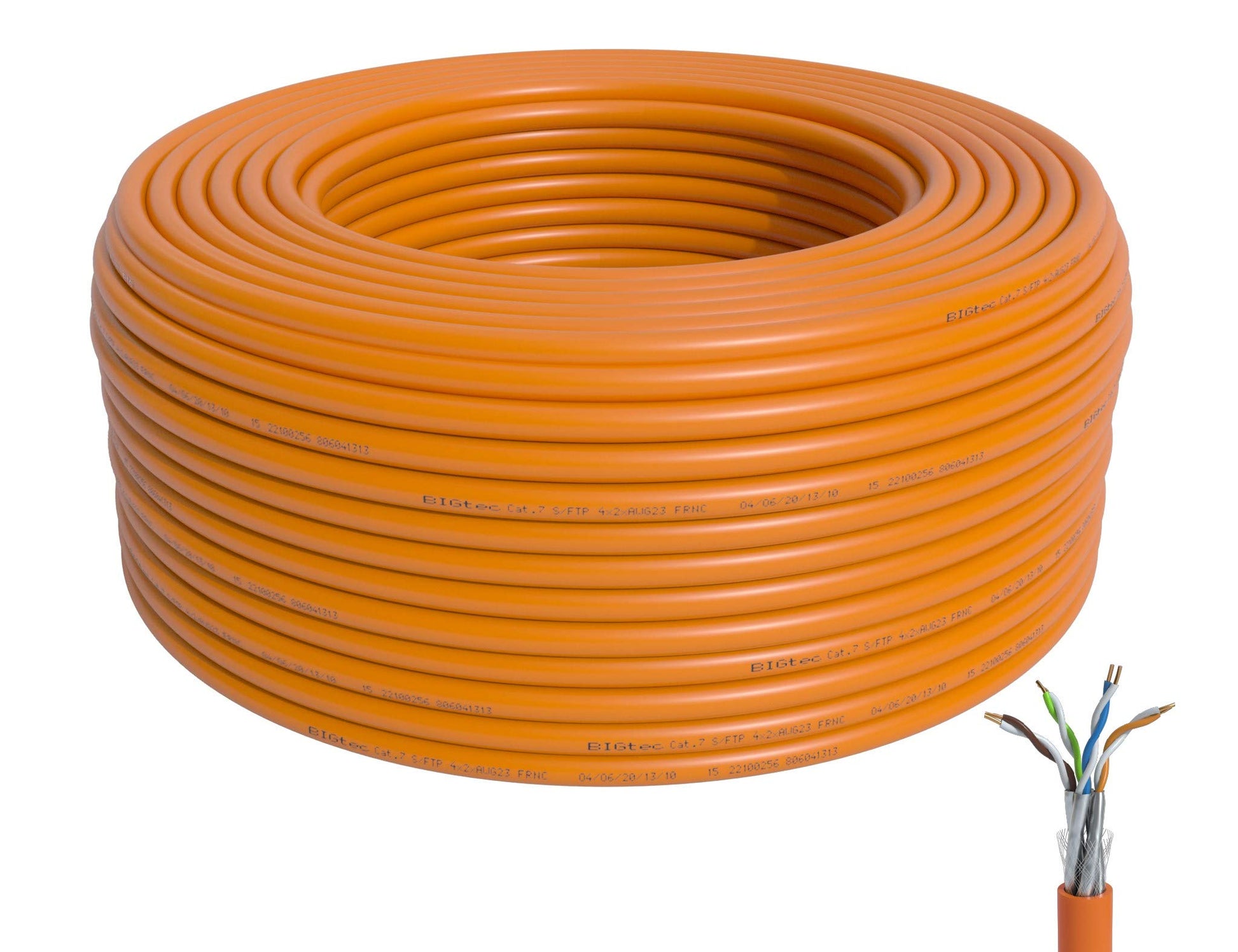BIGtec CAT 7 Verlegekabel - 100m PiMF orange halogenfrei ist ein oranges, rundes Installationskabel zur 10-Gigabit-Ethernet-Datenübertragung.