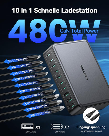 Rocoren 480W GaN USB C Ladestation – 10-Port PD 100W