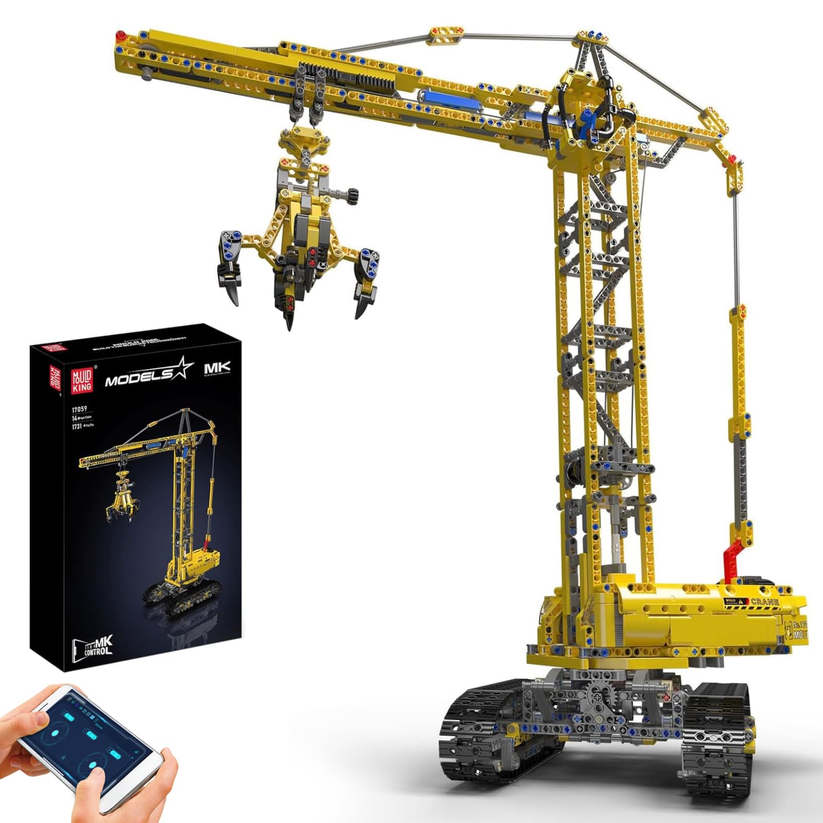 Mould King 17059 Technik Raupenkran Ferngesteuert Modellbauset. Gelbes Modell eines Raupenkrans. Bausatz zur Errichtung und Fernsteuerung eines Krans für Lasten.