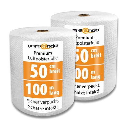 versando Luftpolsterfolie 2 Rollen je 100 m x 50 cm Noppenfolie, Folienrollen mit Noppen für Versand und Umzug