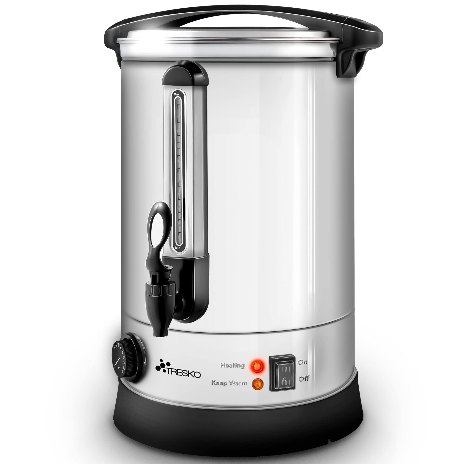 TRESKO Glühweinkocher Einkochautomat - 10L Edelstahl 1500W. Zylindrischer Kocher aus Edelstahl zum Erhitzen und Servieren von Heißgetränken oder Einkochen.