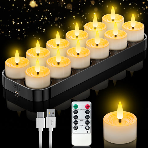 daphomeu LED-Teelichter aufladbar mit Timer, 12er Set mit Ladestation – flammenlose LED-Kerzen mit flackernder Flamme