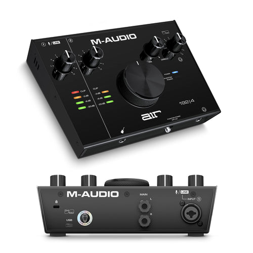 M-Audio AIR 192|4 USB Audio Interface. Schwarzes, rechteckiges Audio-Interface mit Reglern und Anschlüssen. Ermöglicht die Aufnahme von Audioquellen über USB für digitale Audioworkstations.
