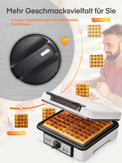 FOHERE Waffeleisen 2030, 1200 Watt, 4 Waffeln, Antihaftbeschichtung