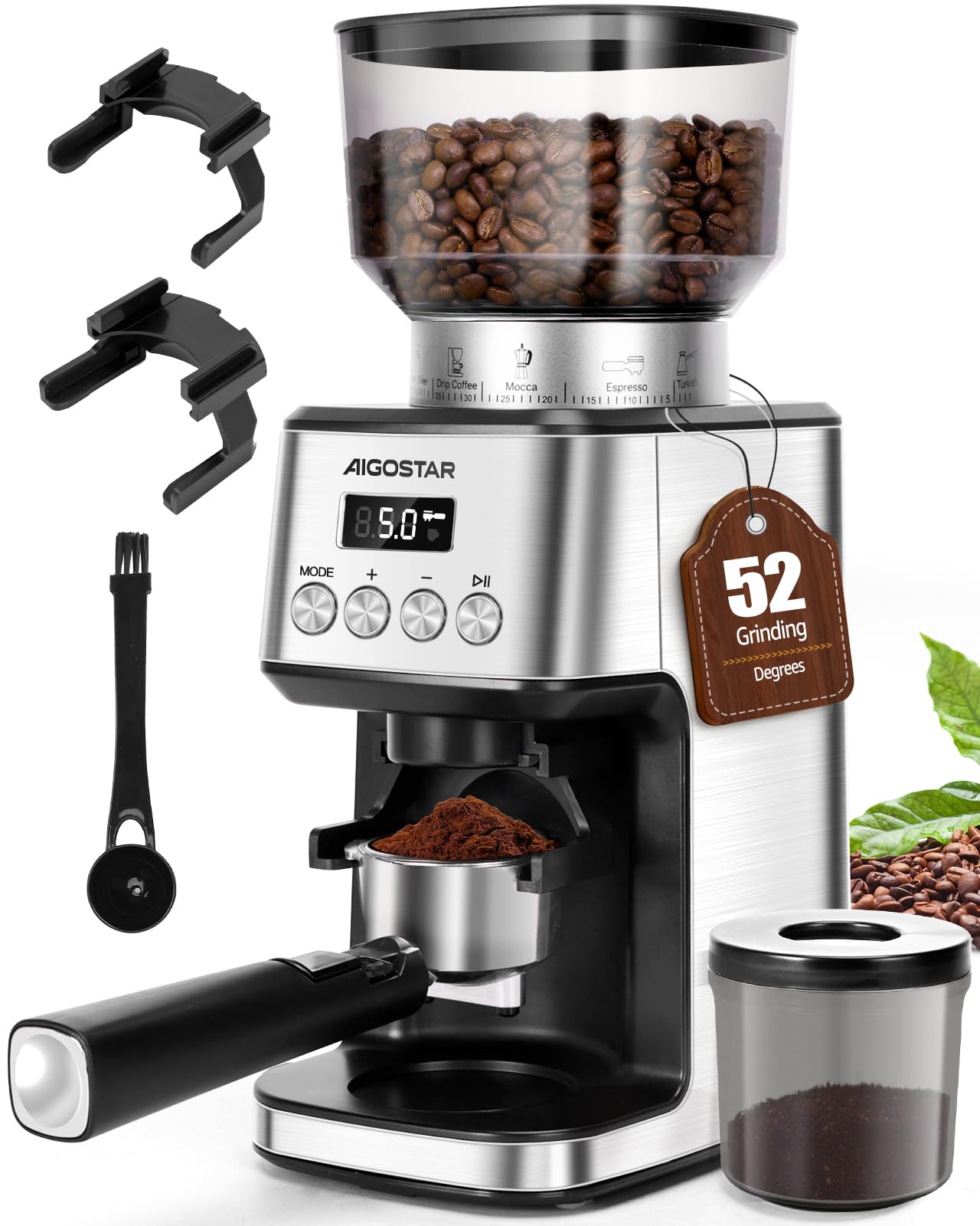 Aigostar Elektrische Kaffeemühle mit Kegelmahlwerk, 52 Mahlstufen in Silber mit digitalem Display