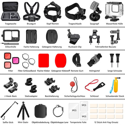 Zubehör Set Kit Bundle für GoPro Hero 13 Black, oGoDeal Wasserdicht Schutzhülle Wasserdicht Gehäuse Schnorcheln Zubehör Fahrradhalterung Selfie-Stange Kopfgurt für GoPro Hero 13
