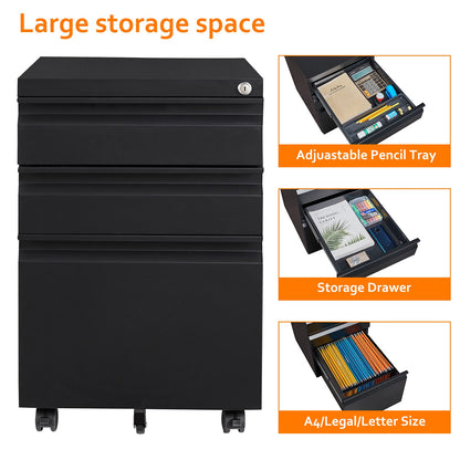 Rollcontainer Aktenschrank abschliessbar Büro - Schwarz 39x50x62cm