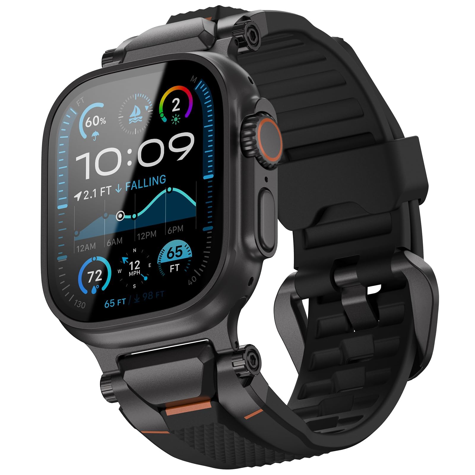 ULTIMAL Sportarmband für Apple Watch Ultra/Series, TPU, Schwarz – taktisches Design mit Edelstahlschliesse