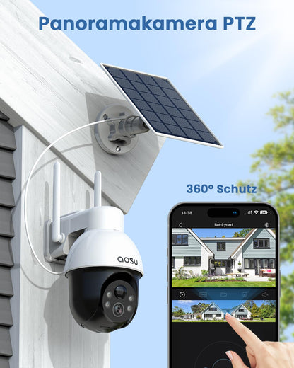 AOSU 3K Überwachungskamera Aussen Solar PTZ Kabellos Haussicherheit