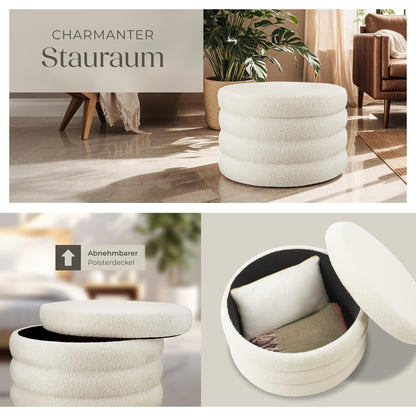 tectake® XL Scandi Stauraum Hocker Pouf – Bouclé Creme-weiss