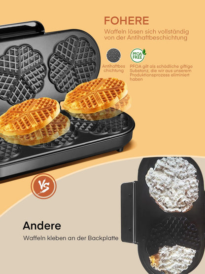 FOHERE Herzwaffeleisen King Size für 15 Herzwaffeln, Edelstahl