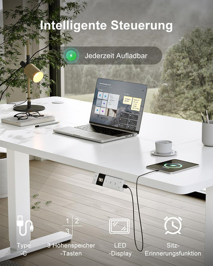 Devoko Elektrischer Stehschreibtisch 140x80cm - Weiss mit USB-C