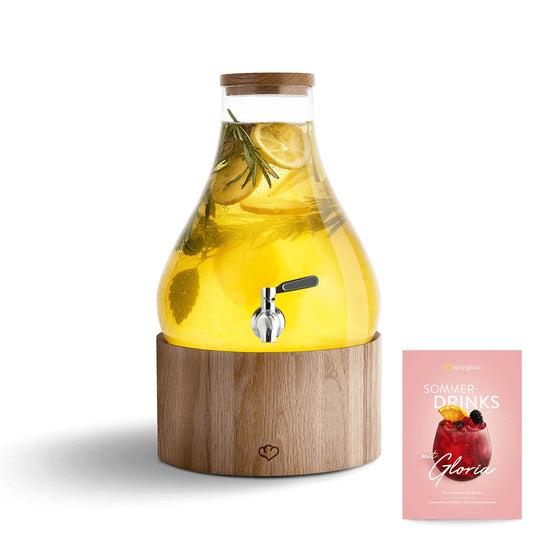 SPRINGLANE Gloria Glas Getränkespender 5.5 L - Holzständer & Edelstahl. Runder Glasbehälter mit Zapfhahn auf Ständer, für Kaltgetränke.