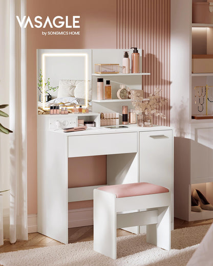 VASAGLE Kailyn Schminktisch mit LED-Spiegel & Steckdosenleiste – Weiss