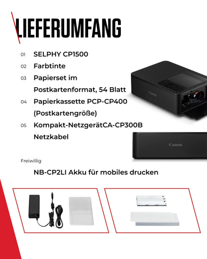 Canon SELPHY CP1500 Mobiler Fotodrucker Schwarz mit Papierset