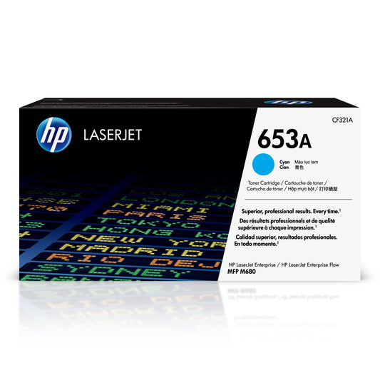 HP 653A (CF321A) Original Toner Blau für Color LaserJet M680. Blaue Tonerkartusche für Farbdrucke im Color LaserJet M680.