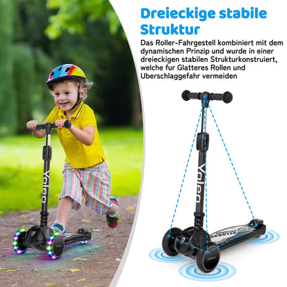 YOLEO Kinderroller Dreiradscooter mit leuchtenden Rädern, schwarz