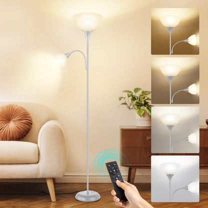 OUTON Stehlampe Leselampe Deckenfluter LED Dimmbar – Silber Grau