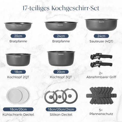 Alajivo Topfset 17-teilig, antihaftbeschichtet, abnehmbarer Griff