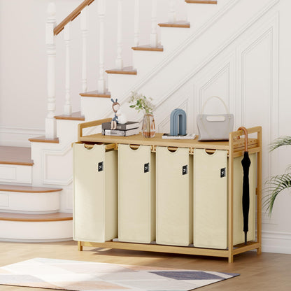 AdelDream Wäschekorb 200L mit 4 Fächern, Bambusrahmen, Beige