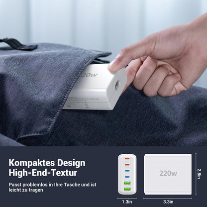 Ombrex USB-C Ladegerät 220W, 6-Port Schnellladegerät mit PD & QC