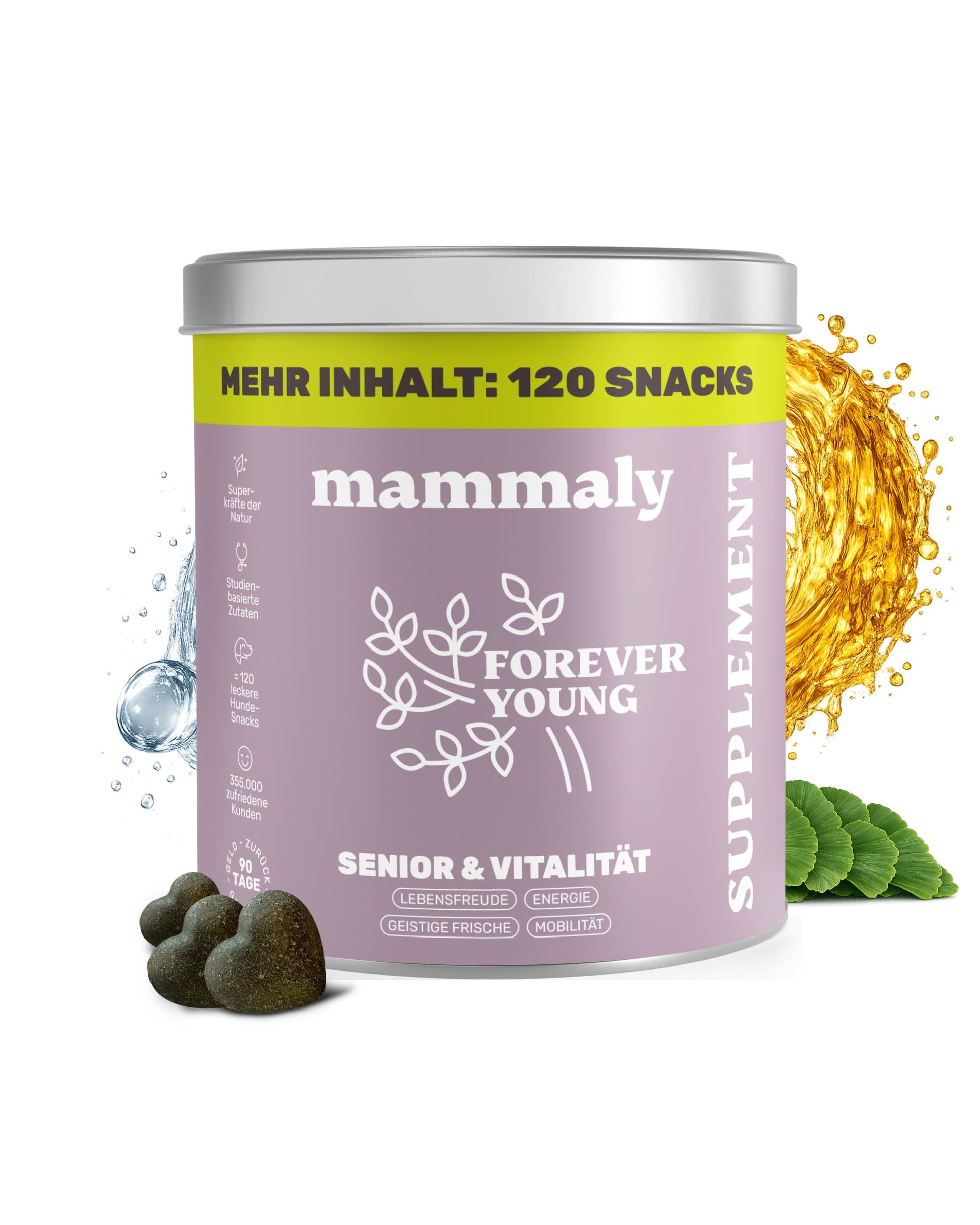 mammaly Forever Young Vital-Komplex für Senior Hunde, 120 Snacks, herzförmig und weich