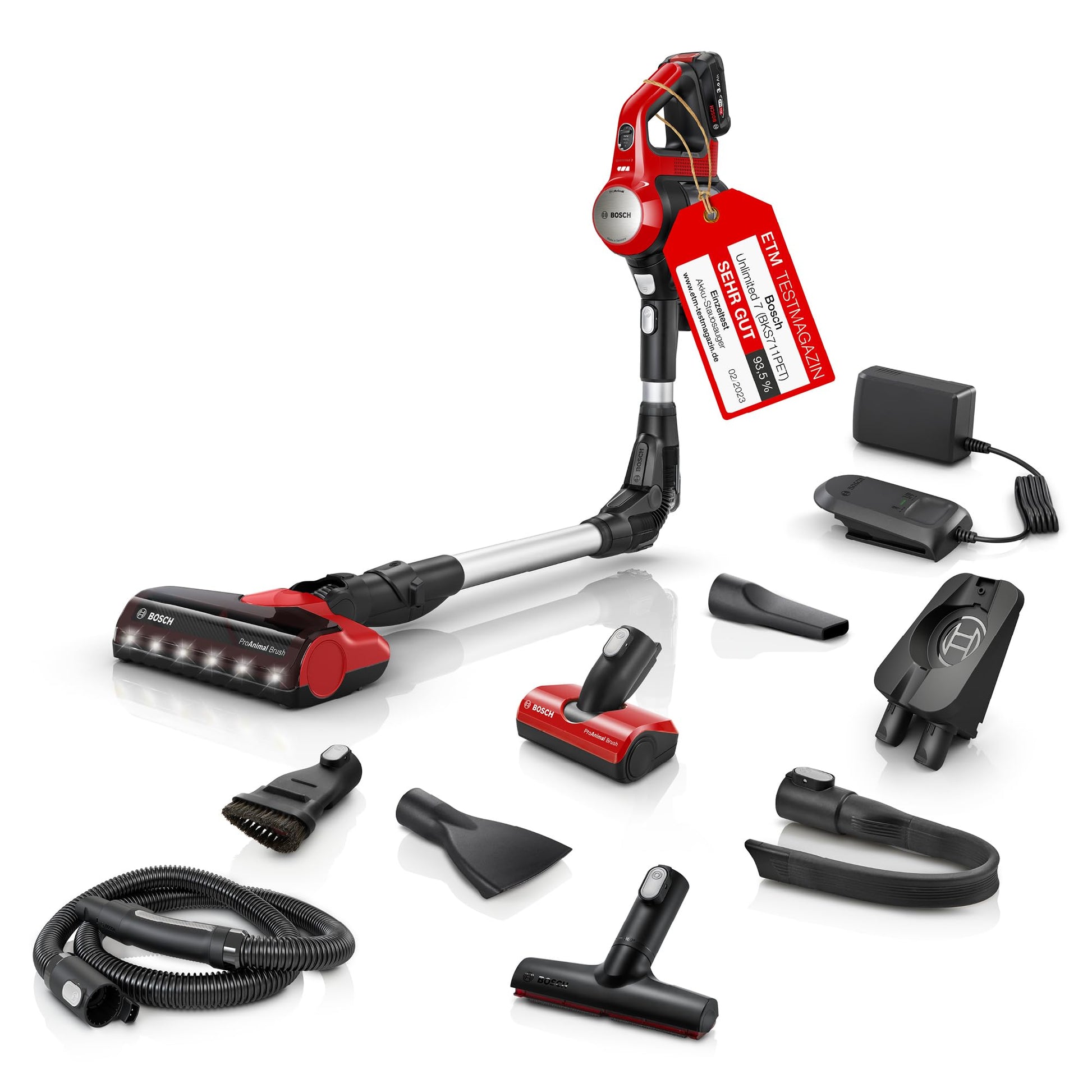 Bosch Unlimited 7 ProAnimal Akku-Staubsauger BKS711PET, beutellos, rot, mit Knickrohr und LED-Düse