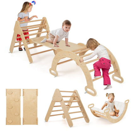 COSTWAY Kletterdreieck 4-in-1 Klettergerüst Indoor - Holzfarbe. Klettergerüst aus Holz, zum Klettern & Spielen drinnen für Kinder.