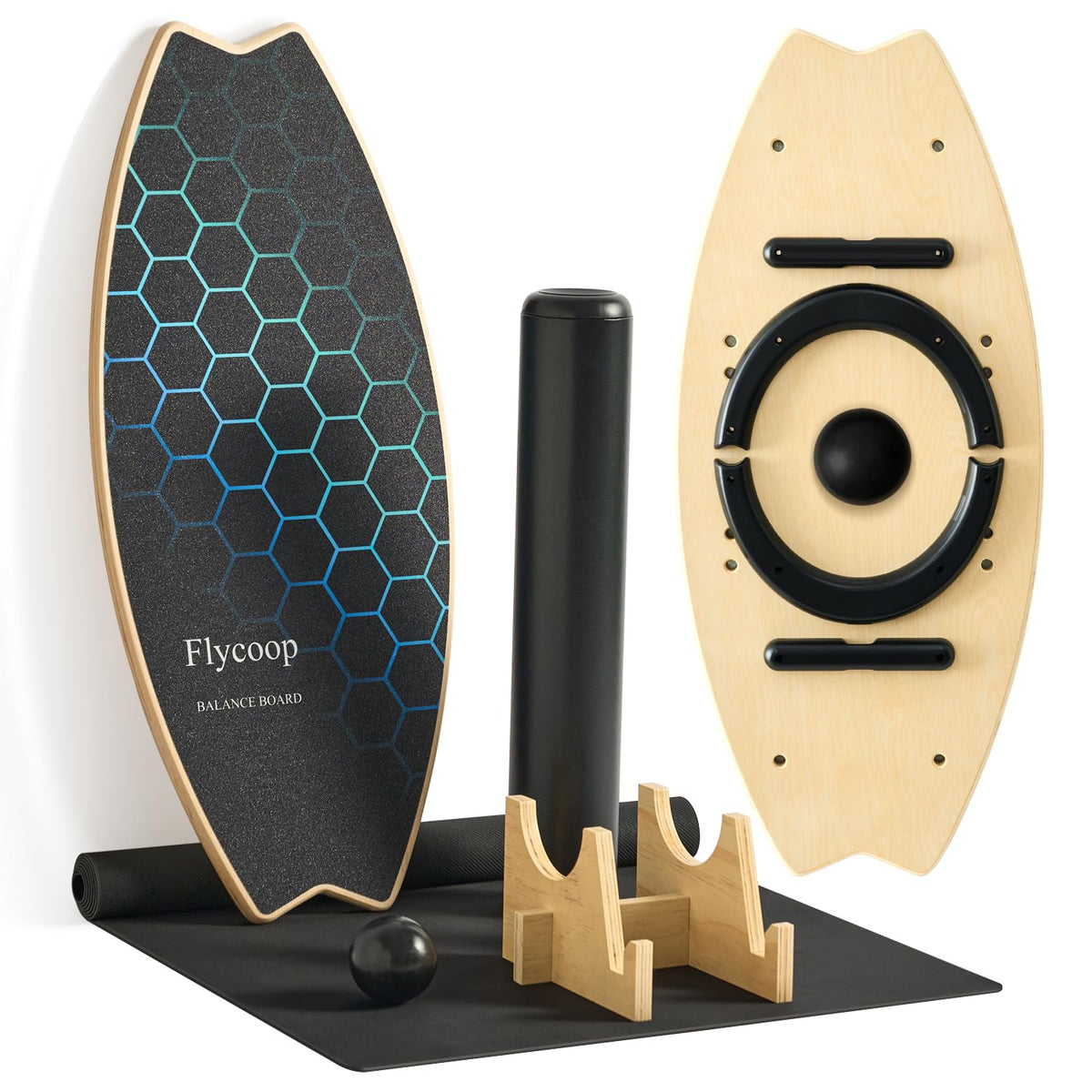 Flycoop Balance Board Set aus Birkenholz mit Rolle und Ball, rutschfeste Oberfläche