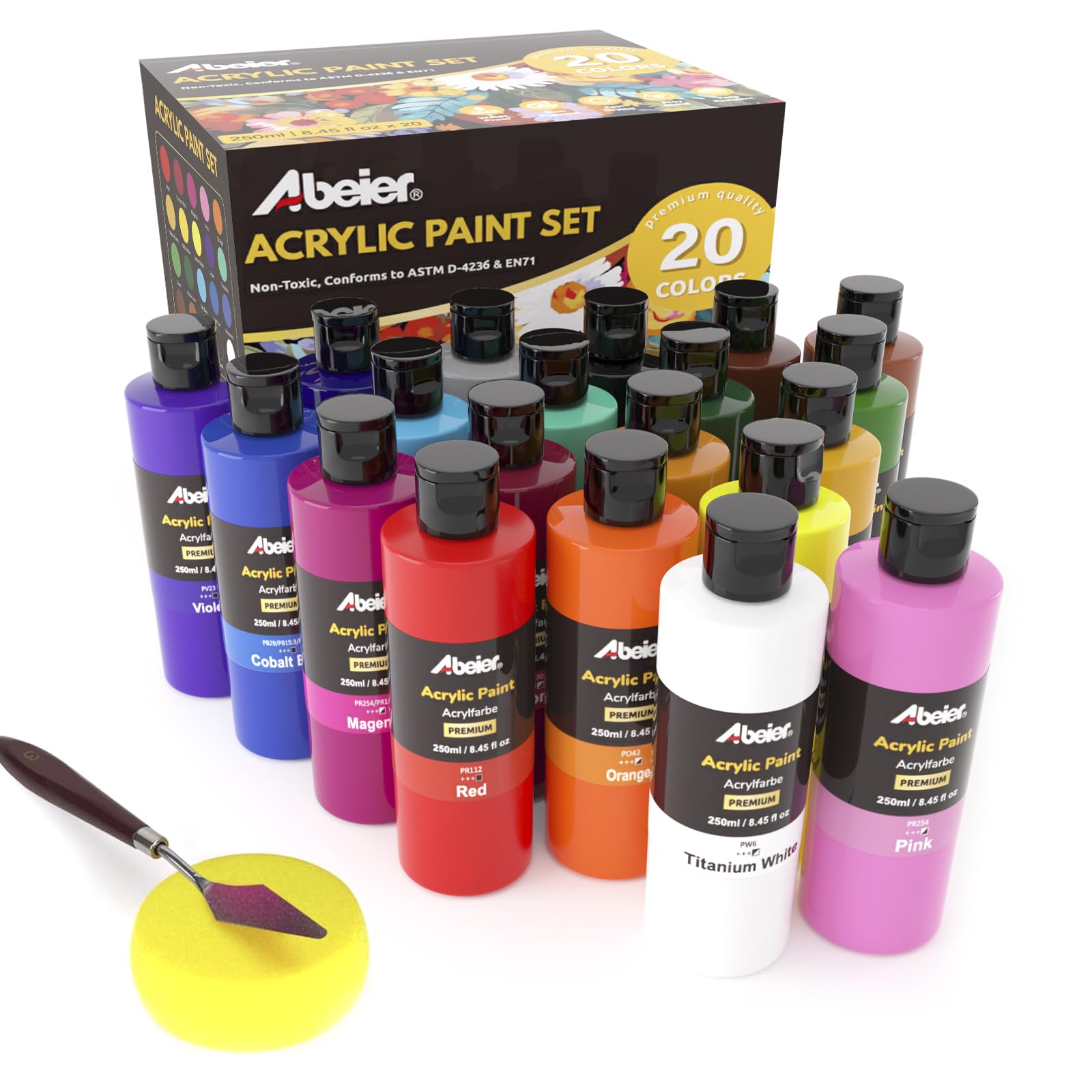 ABEIER Acrylfarben Set, 20 Farben à 250 ml, matt, ungiftig