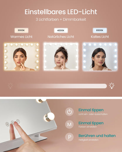 SONGMICS Schminkspiegel mit Beleuchtung, 15 LED, dimmbar, mattweiss
