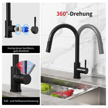 Rainsworth Küchenarmatur Schwarz mit ausziehbarer Brause, Edelstahl