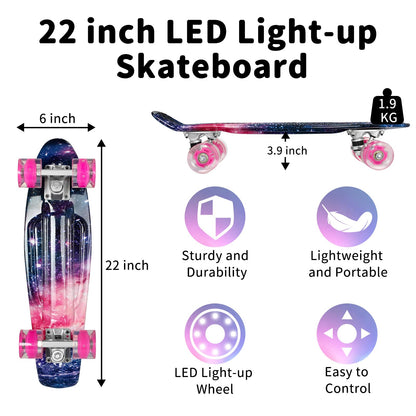 BELEEV Kinder Skateboard 22 Zoll Mini Cruiser mit LED-Leuchtrollen