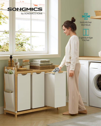 SONGMICS Wäschekorb mit 3 Fächern, Bambus, 150 L, cremeweiss