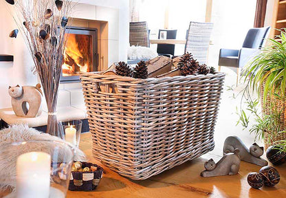 Kobolo Kaminholzwagen Holzkorb – Rattan, Rollen, Jute