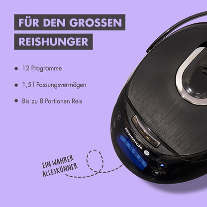 REISHUNGER Starter Set Digital-Reiskocher & Dampfgarer Schwarz mit Reis