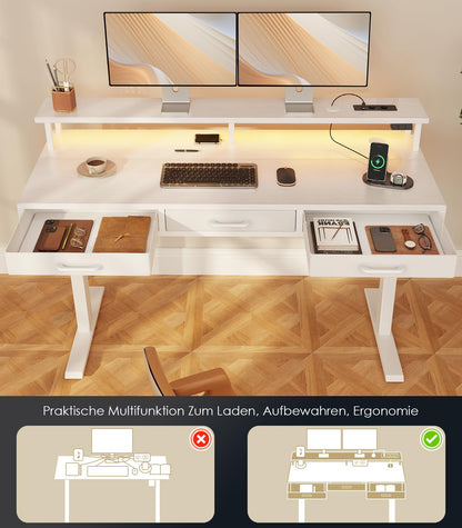 OffiGo Elektrischer Schreibtisch m. Schubladen 140cm Weiss