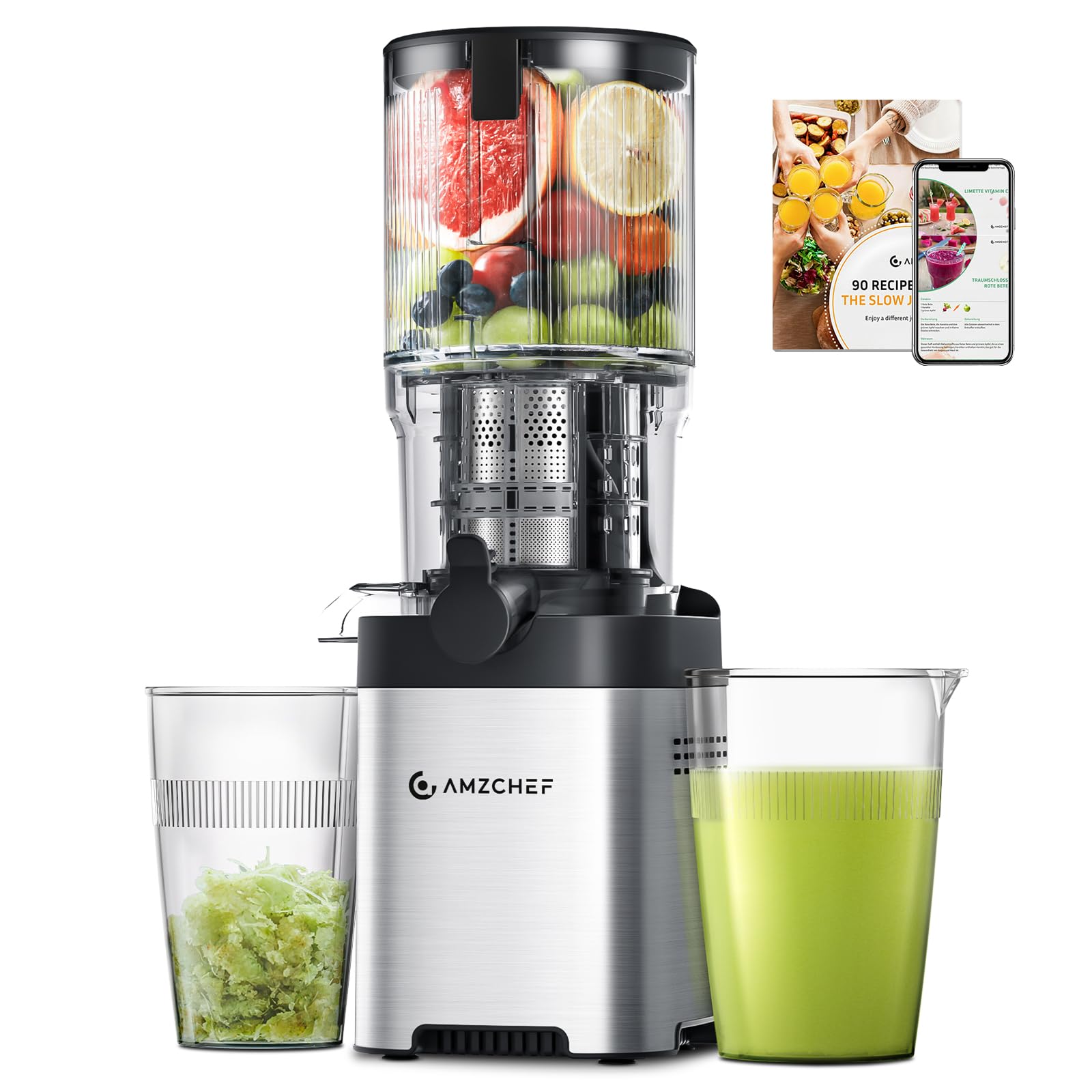 AMZCHEF Slow Juicer 135KJBY Entsafter mit 136 mm Einwurfschacht, Gehäuse aus Edelstahl in Silber