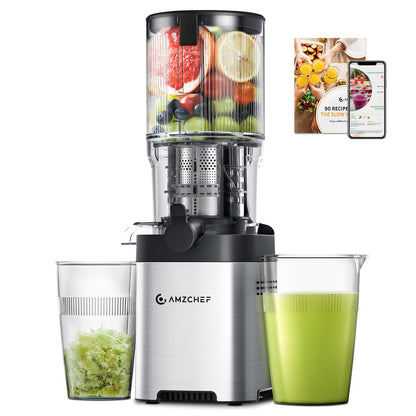 AMZCHEF Slow Juicer 135KJBY Entsafter mit 136 mm Einwurfschacht, Gehäuse aus Edelstahl in Silber