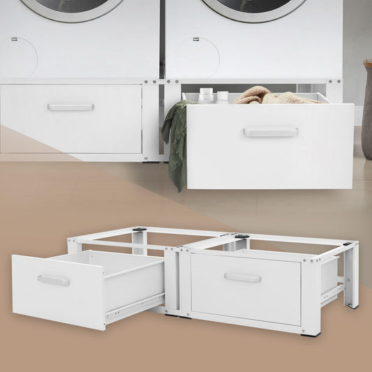 ML-Design Doppel Waschmaschinenuntergestell - 2 Schubladen, Weiss. Erhöht zwei Waschmaschinen, bietet Stauraum.