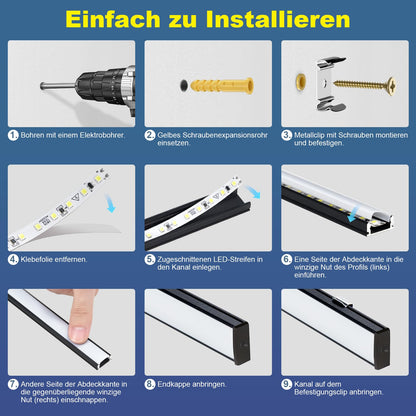 Molfanco LED Aluminium Profil 12 x 1 m, schwarz, mit Abdeckung