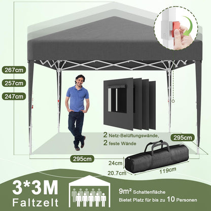 Devoko Faltpavillon 3x3 m wasserdicht mit Seitenwänden, dunkelgrau