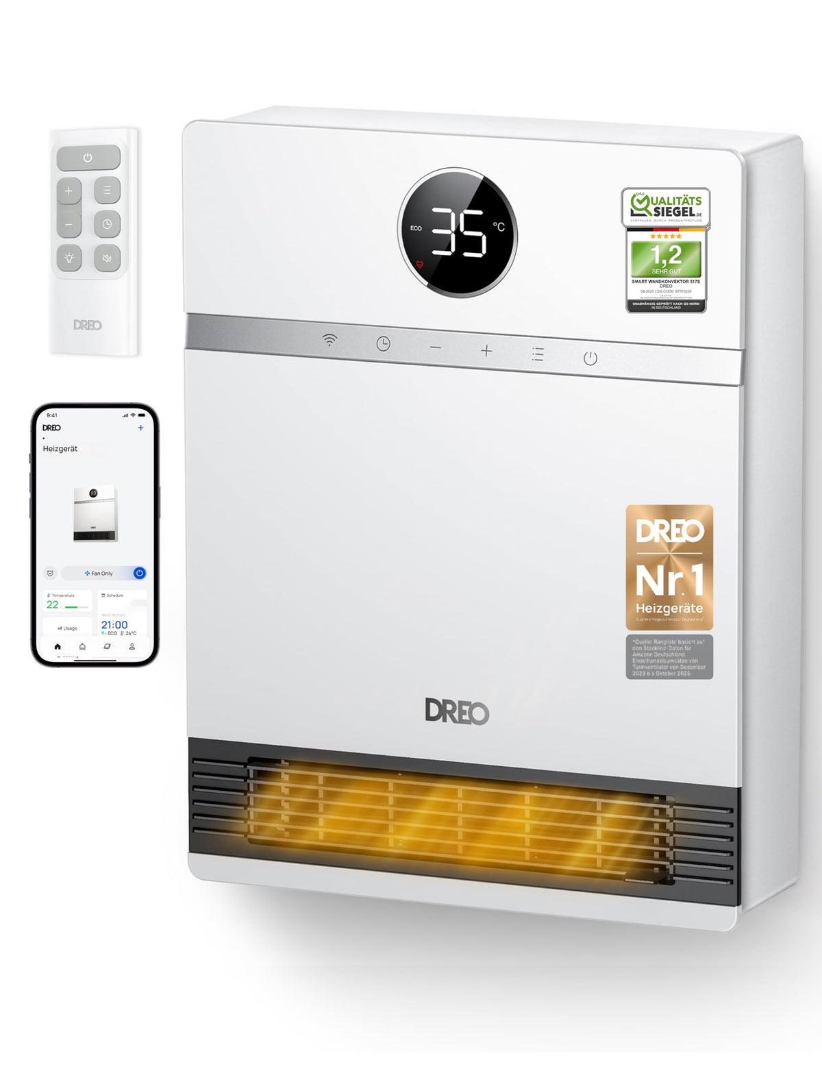 Dreo Smart Wandkonvektor 2000 W mit Thermostat und Fernbedienung