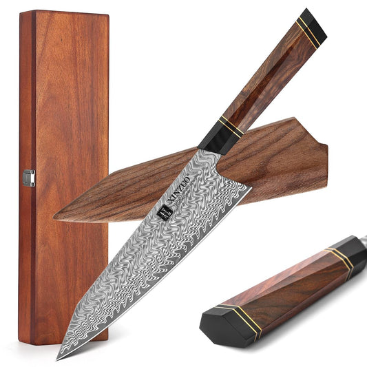 XINZUO Kiritsuke Kochmesser Damaststahl – Wüsten-Eisenholzgriff. Präzises Schneiden von Fleisch, Fisch und Gemüse.