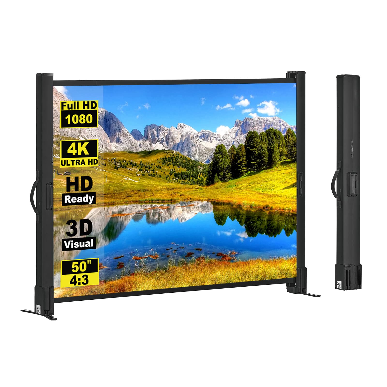 Beamer Leinwand mit Ständer tragbar – 50 Zoll 4:3 Matt. Rechteckige, weiß-matte Projektionsfläche für Filme oder Präsentationen.