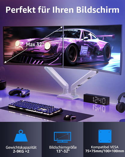 ELIVED EV6012W Gasfeder Doppel-Monitorhalterung Weiss