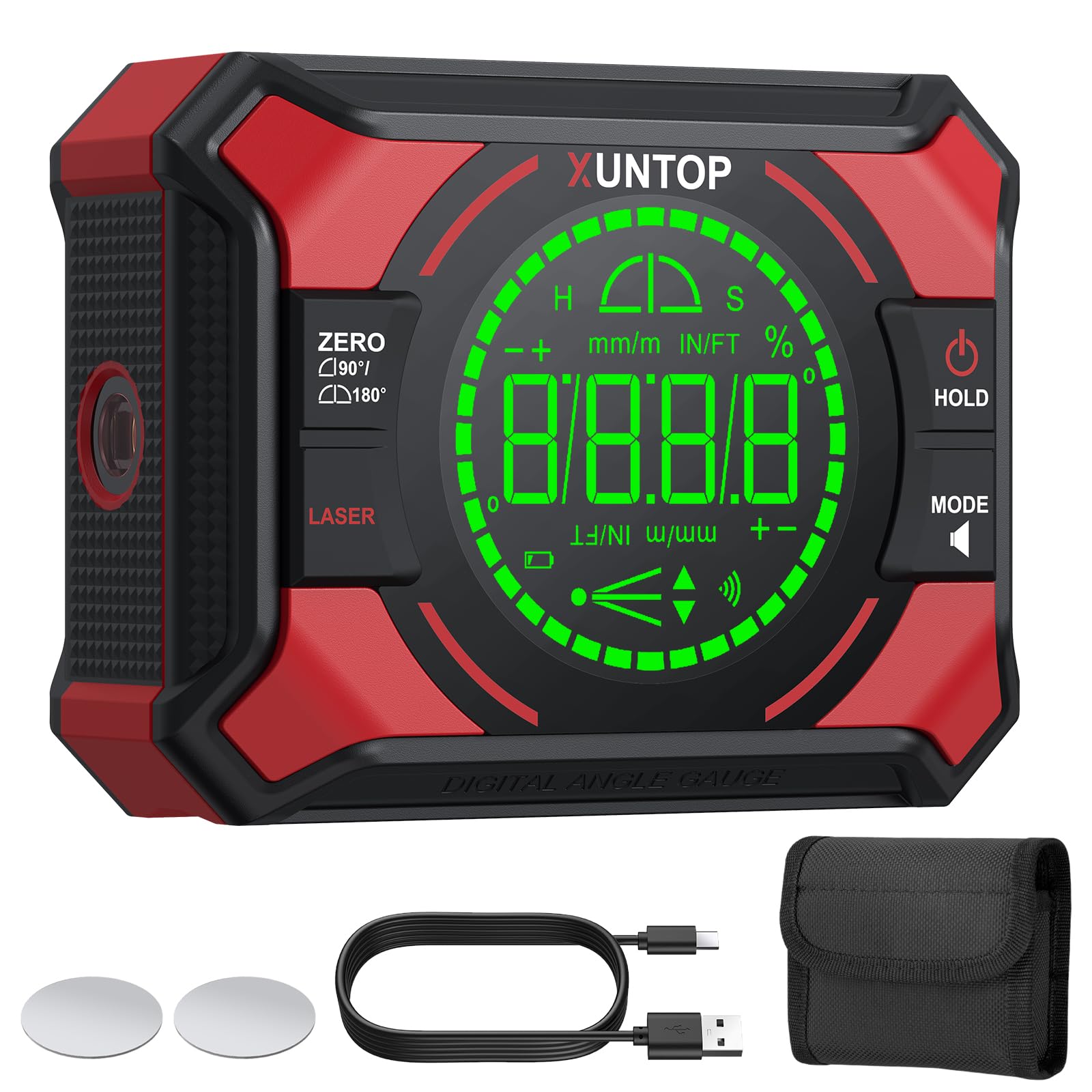 XUNTOP DL905 Digitaler Winkelmesser 3-in-1 mit Laser und LED-Display, Magnete an Unterseite und Rückseite